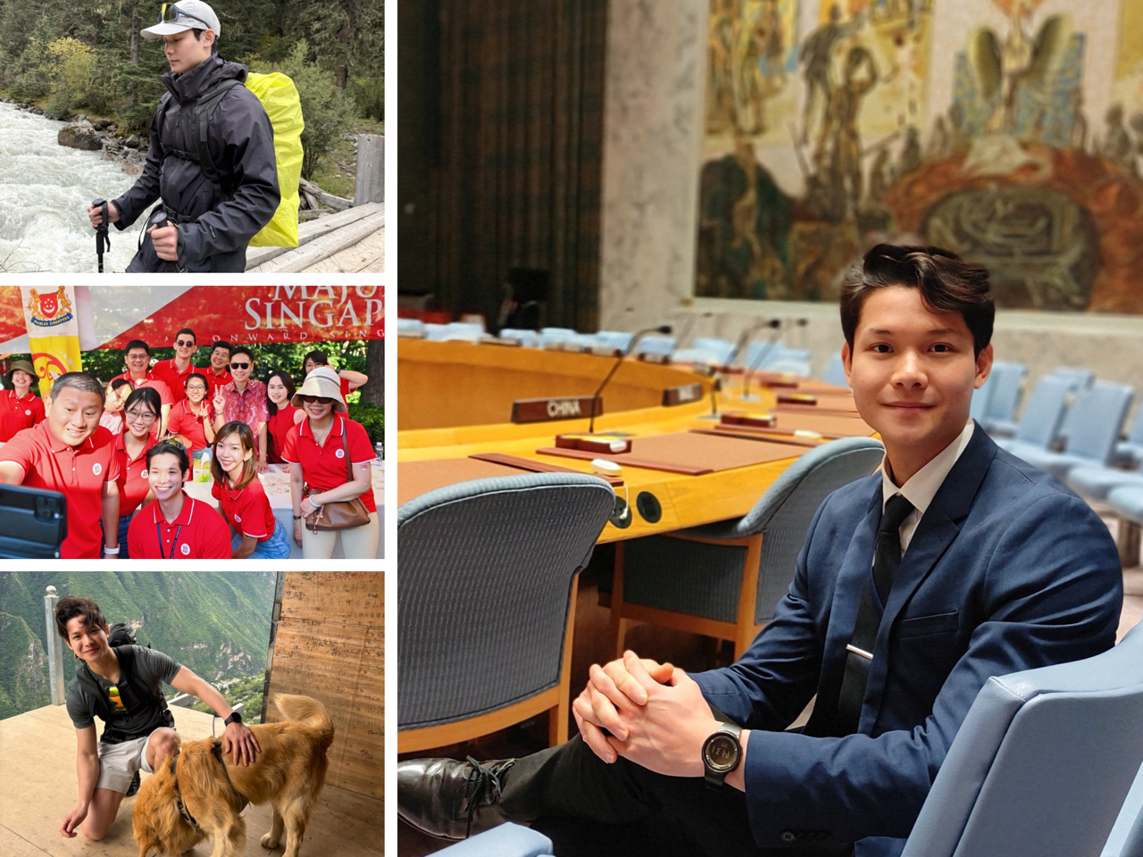 Collage of a man hiking, posing with a group, petting a dog on a mountain path, and sitting in a formal meeting